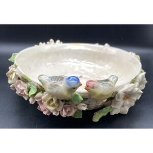 Vintage Capodimonti Floral/Birds Ceramic Bowl/Trinket Dish Multicolored